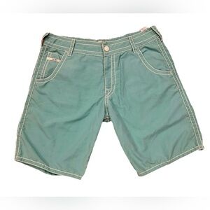 True Religion Shorts Mens 34 Teal Big Stitch Logo Board Swim Trunks Polyester